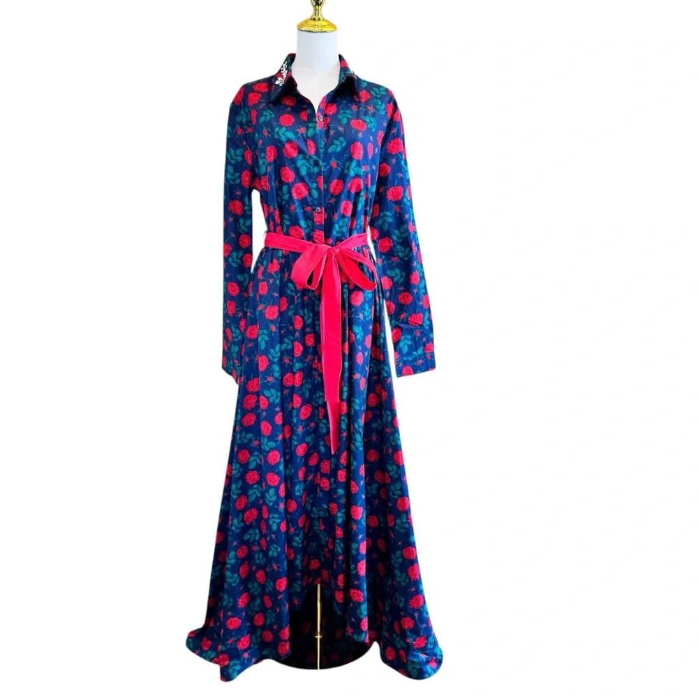 NWT Trish Scully Constance Maxi Dress Navy Rose Floral 12 Rhinestone Long Sleeve - Picture 3 of 17